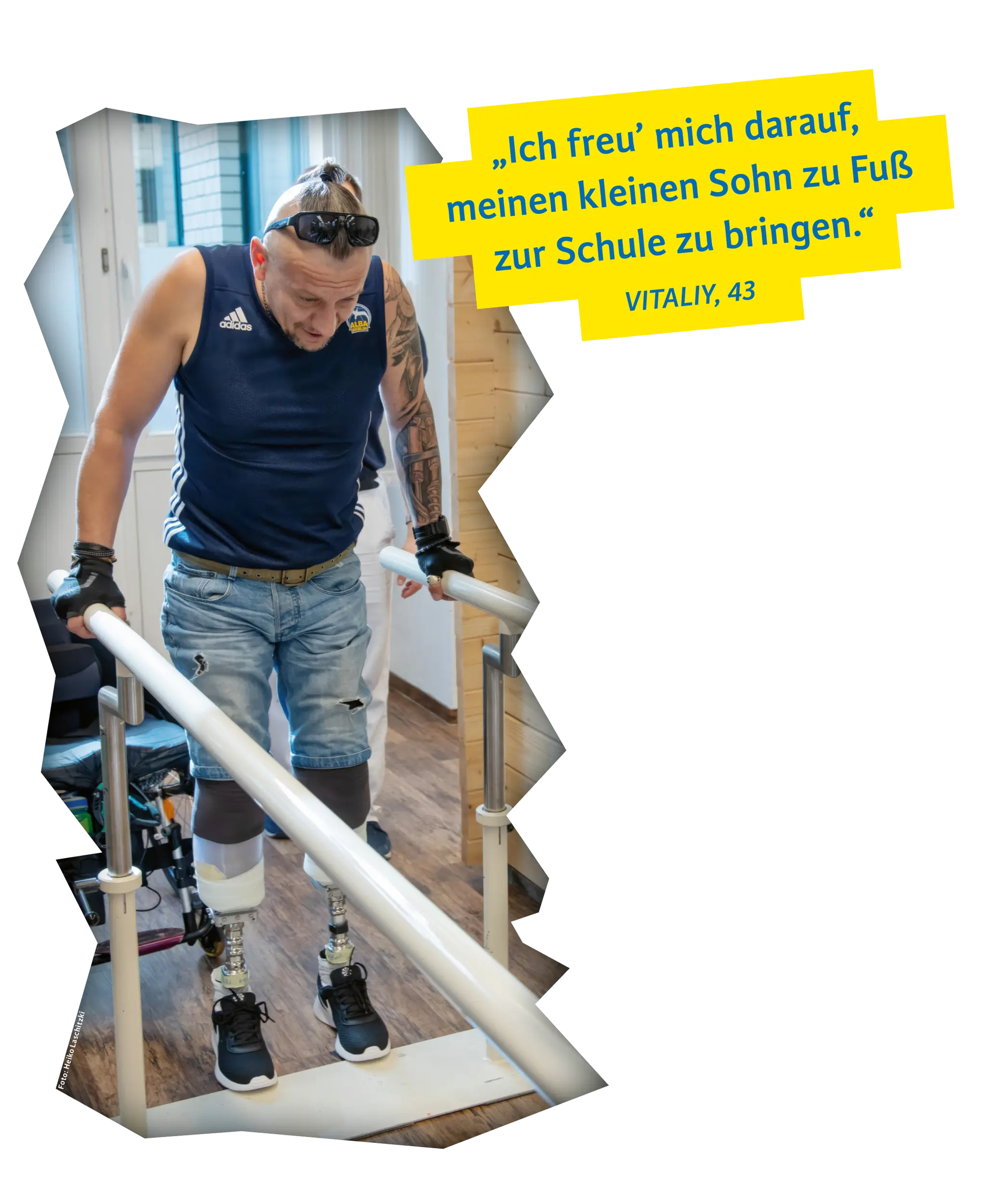 Vitaliy beim Reha-Training mit Prothesen - er freut sich darauf, seinen kleinen Sohn zu Fuß zur Schule zu bringen.