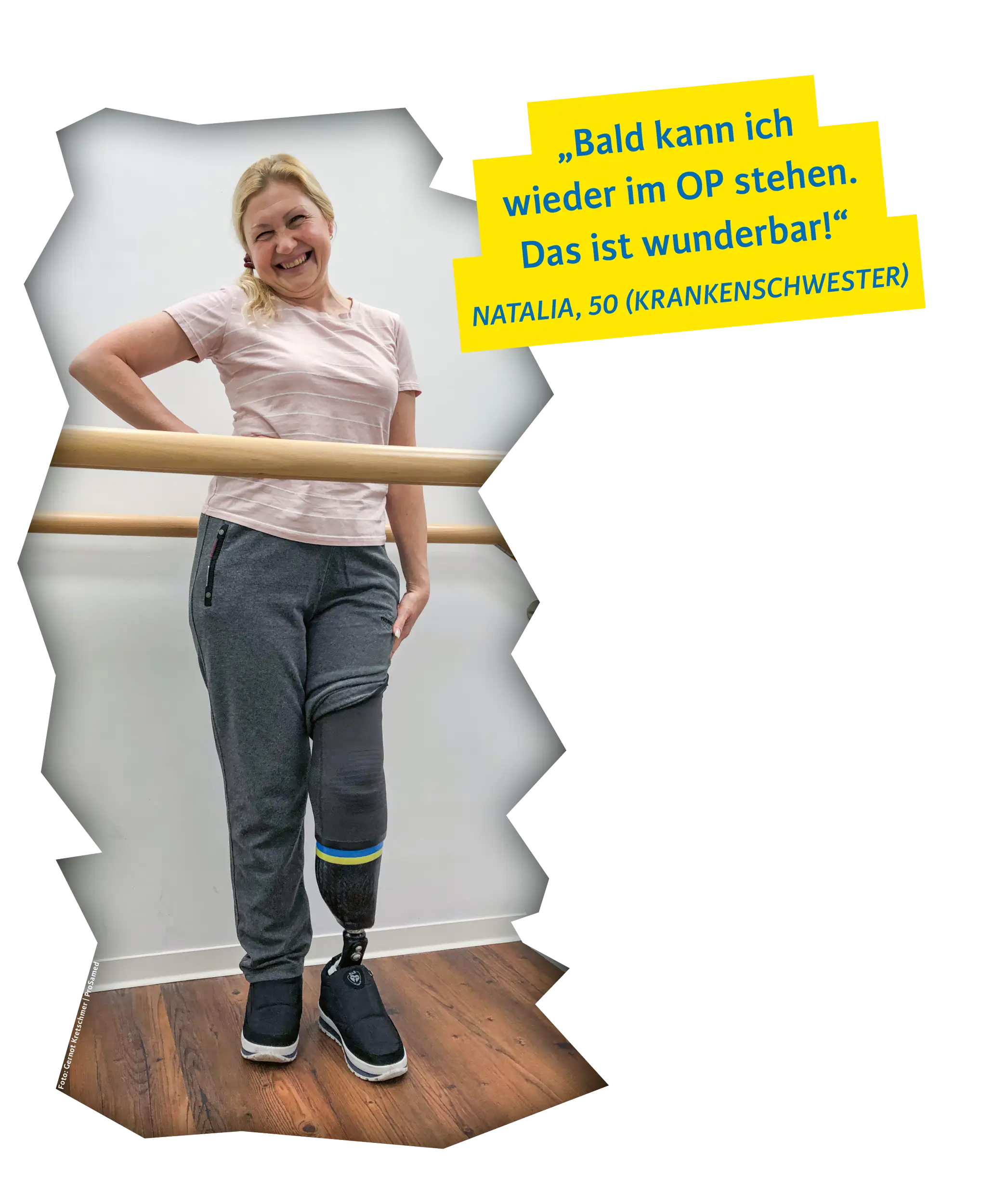 Natalia lächelt im Reha-Zentrum - bald wird sie wieder im OP stehen.