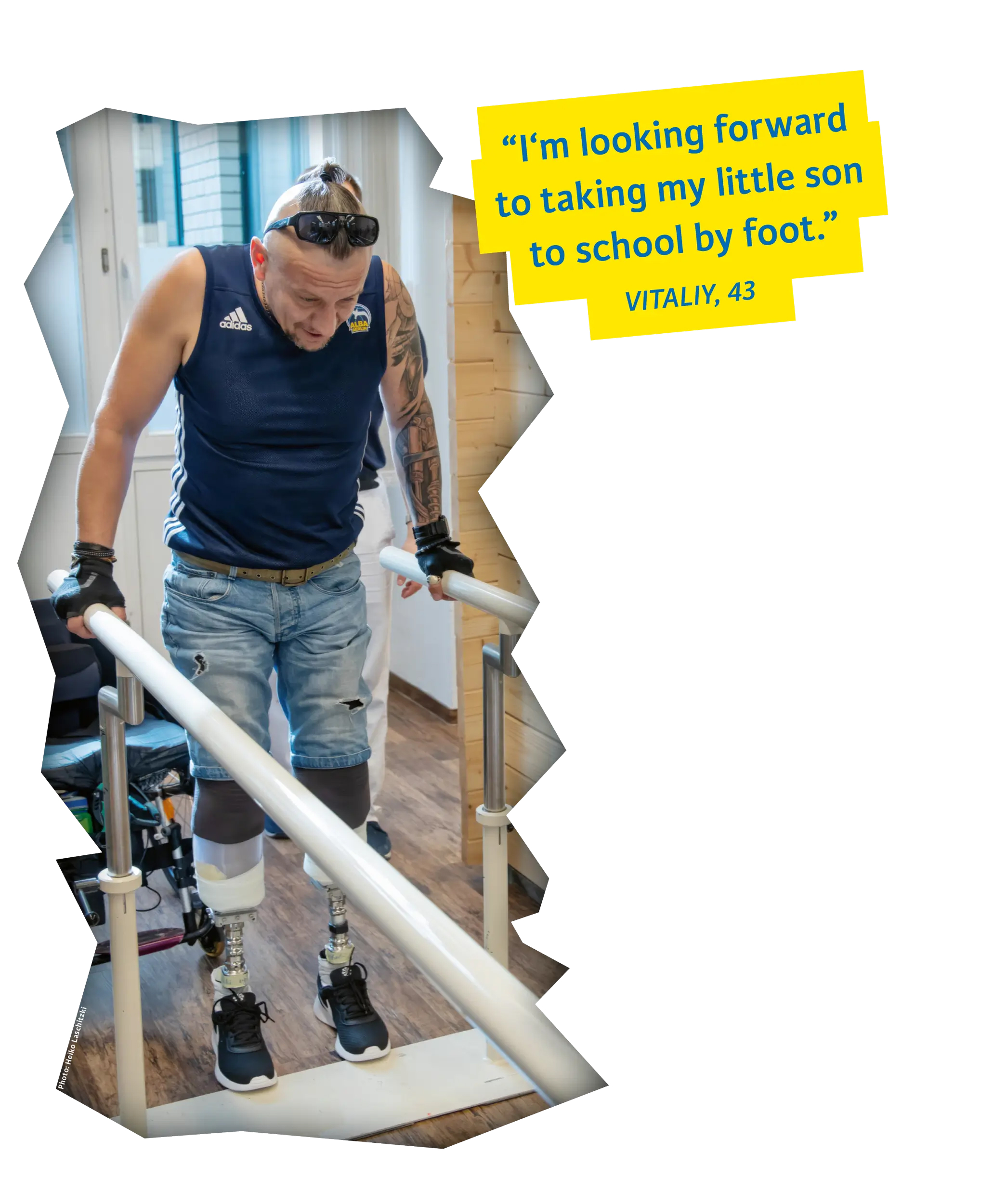 Vitaliy training with prosthetics — looking forward to walking his son to school.