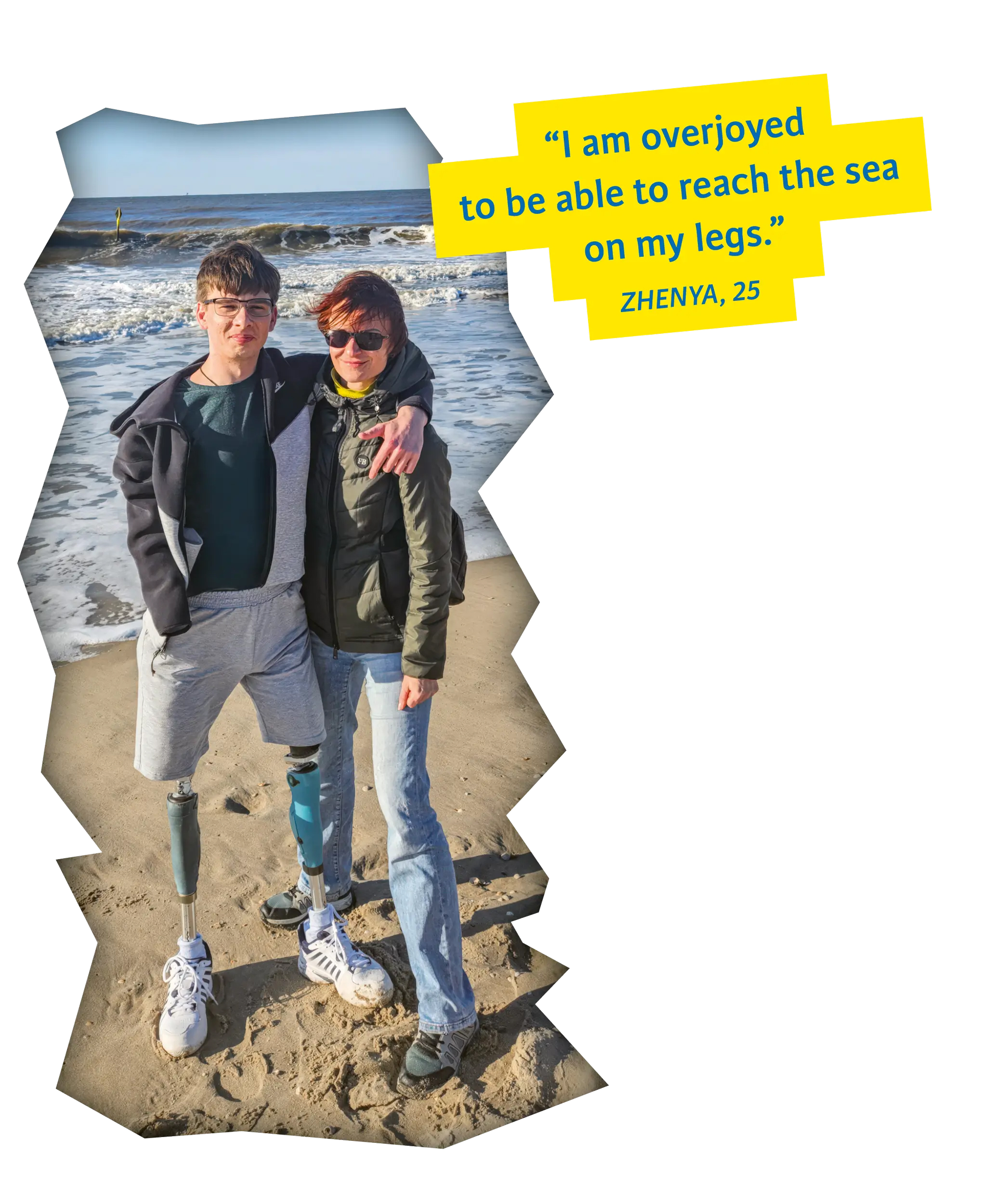 Zhenya at the sea with his mom — happy to be able to walk on his own.